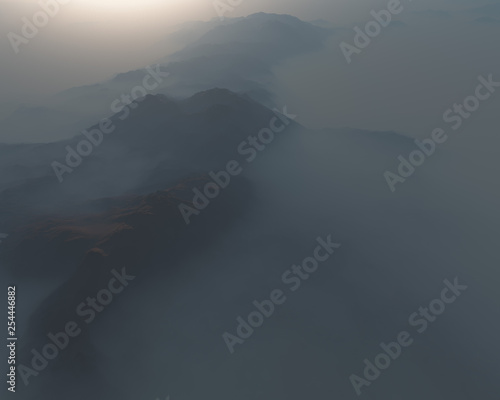 Mountain landscape in morning fog.