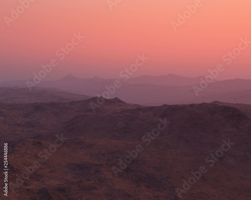 Mountains in foggy sunrise.