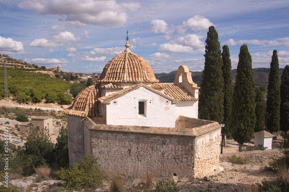 Side view of the Ermita del Calvario in the town of Montesa