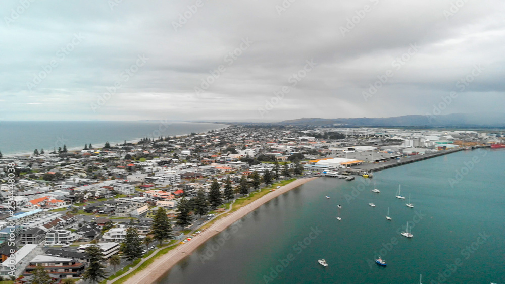 Aerial view of Mt Maunganui on a cloudy winter day, New Zealand