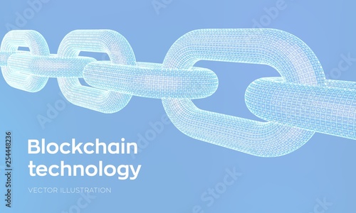 Block chain. Crypto currency. Hyperlink chain. Blockchain concept. 3D wireframe chain with digital code. Chain link with binary code. Editable cryptocurrency template. Stock vector illustration.