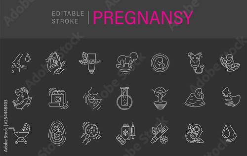 Vector icon and logo for pegnancy and gynecology. Editable outline stroke size. Line flat contour, thin and linear design for adoption and babysitter. Simple icons. Concept illustration. Sign, symbol