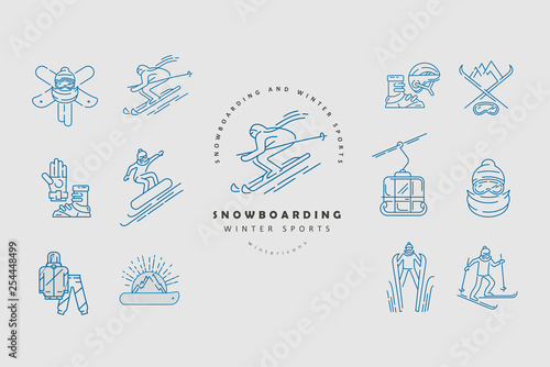 Vector icon and logo for snowboarding and skiing or other winter sports. Editable outline stroke size. Line flat contour, thin and linear design. Simple icons. Concept illustration. Sign, symbol