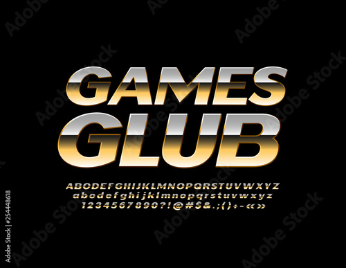 Vector chic Logo Games Club. Luxury Golden Alphabet Letters, Numbers and Punctuation Symbols. Stylish glossy Font.
