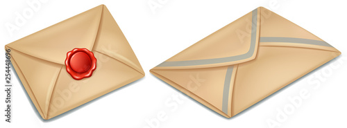 Isometric cartoon old post paper envelope sealed with red wax seal. 3d game icon isolated on white background. Vintage vector illustration.