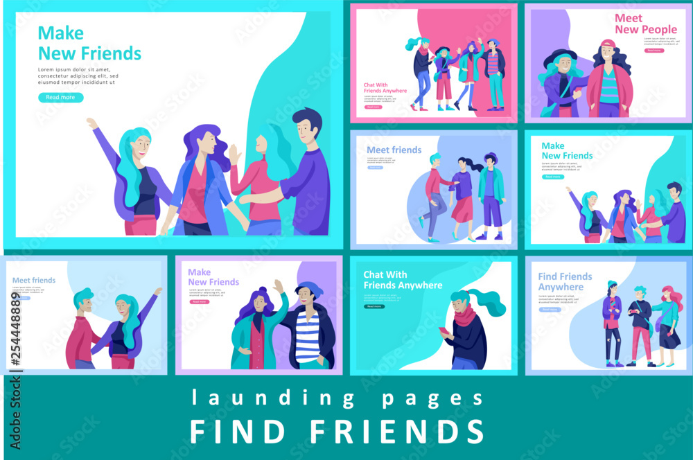 Vector people happy friends character. Group of teenagers in winter or autumn trendy clother, with gadgets are walking and chatting. Colorful flat concept illustration.