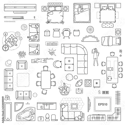 Floor plan icons set for design interior and architectural project (view from above). Furniture thin line icon in top view for layout. Blueprint apartment. Vector