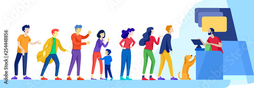 Angry People queue in supermarket with cashier, where to buy concept of shop assistant. Selling interaction, purchasing process. Dissatisfied and tired customer scream and swear