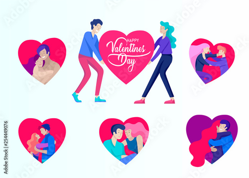Happy Valentines day cards template with couple and people in love isolated in heart on a colorful abstract background, typography poster elements, festive composition design, vector illustration