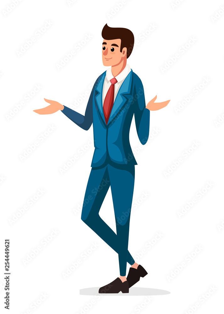 Businessman standing and surprised. Blue classic costume with red tie. Flat vector illustration isolated on white background. Cartoon character design Businessman standing and surprised. Blue classic costume with red tie. Flat vector illustration isolated on white background. Cartoon character design