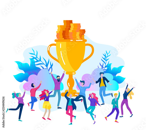 Business Team Success hold Golden winner cup, concept of people are happy with victory. Office Workers Celebrating with Big Trophy, ways goals, first place in business, financial growth. Landing page