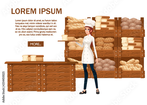 Women bakery chef. Flat vector illustration on white background. Cartoon character design. Smiling woman, chef holding silver platter with bread. Bakery shop concept. Place for text