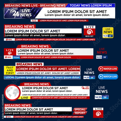 Set banner for Breaking News template title on blue background for screen TV channel. Background screen saver on breaking news. Vector illustration.