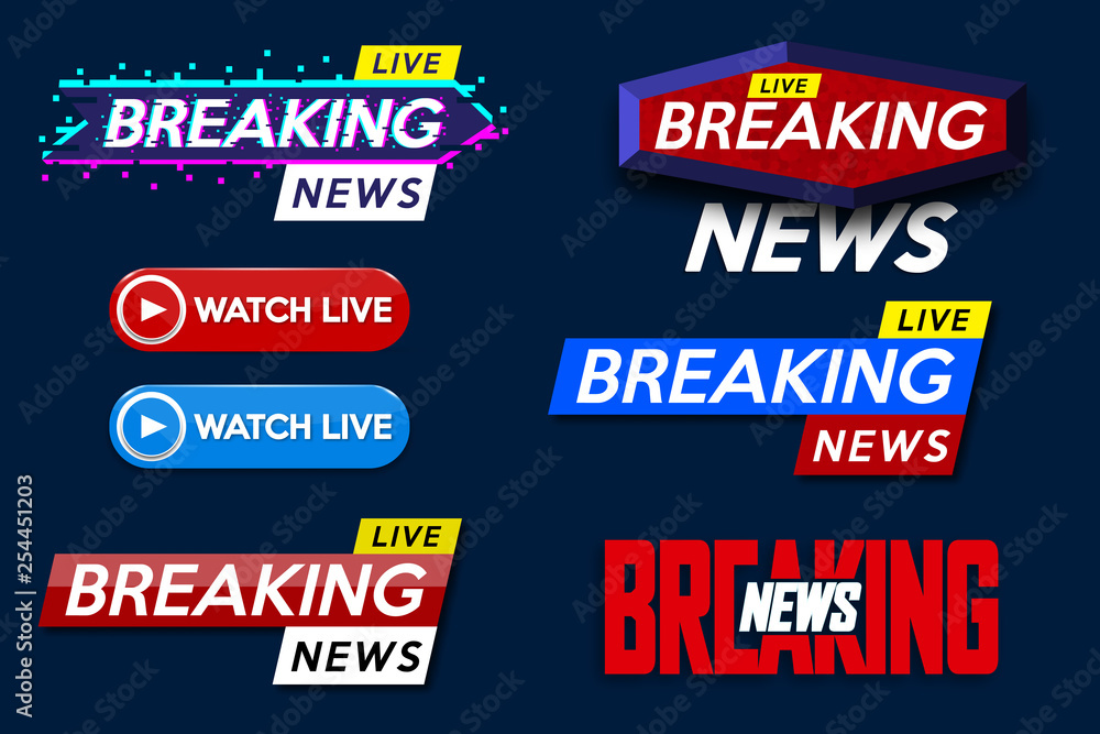 Set banner for Breaking News template title on blue background for screen TV channel. Background screen saver on breaking news. Vector illustration.