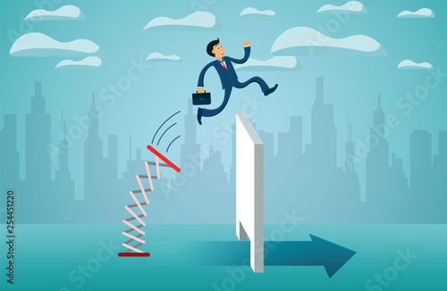 business finance concept. Businessmen jumping from springboard Across the wall go to success goal. creative idea. illustration cartoon vector