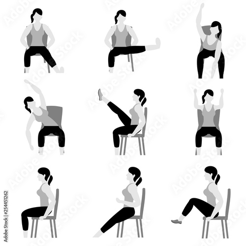 Set of young girls doing exercises in the gym. Beautiful woman doing exercises with chair. Grayscale flat vector illustration. 