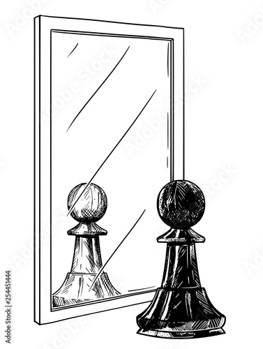 Cartoon drawing and conceptual illustration of black chess pawn reflecting in mirror as white. Metaphor of good and evil inside of human being.