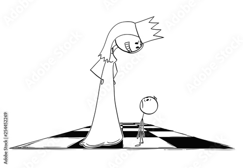 Cartoon stick figure drawing conceptual illustration of giant menacing and threatening chess queen figure looking at small pawn.