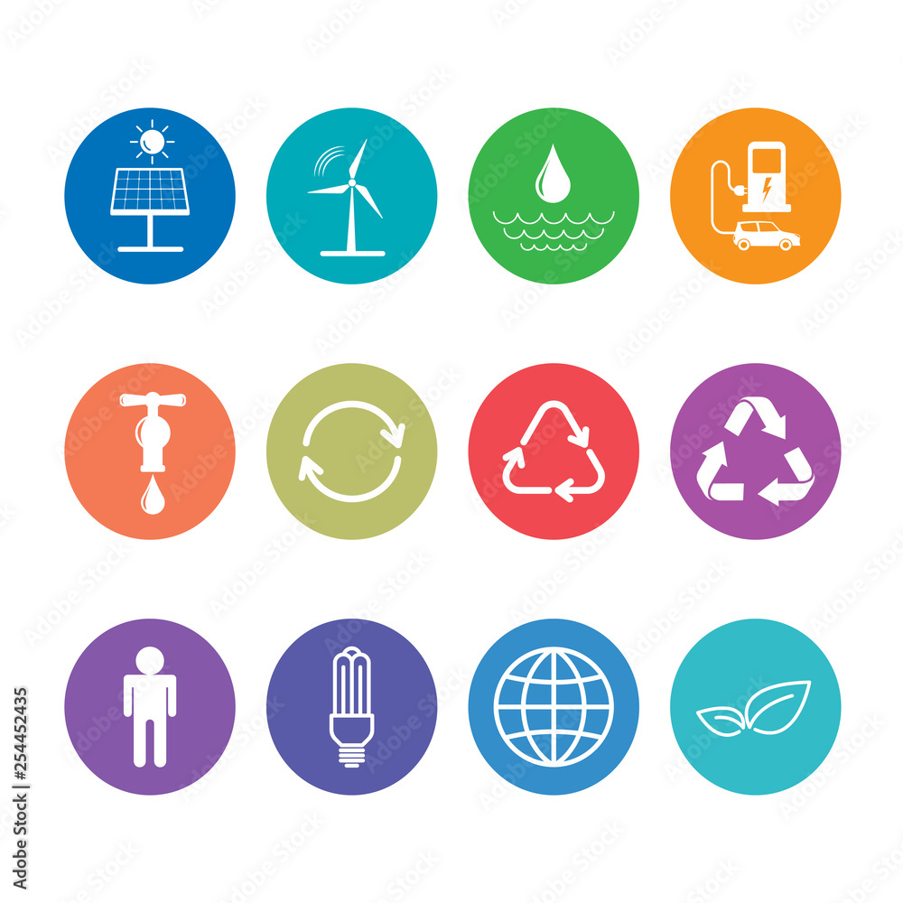 Flat design icons set for sustainable energy and Ecology concept, vector illustration Flat design icons set for sustainable energy and Ecology concept, vector illustration