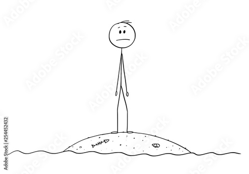 Cartoon stick figure drawing conceptual illustration of castaway man or businessman standing and surviving alone on small island.