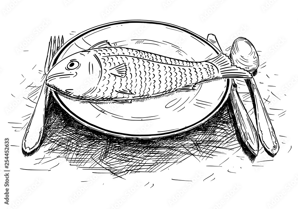 Cartoon drawing illustration of fish food on dinner plate. Stock Vector |  Adobe Stock