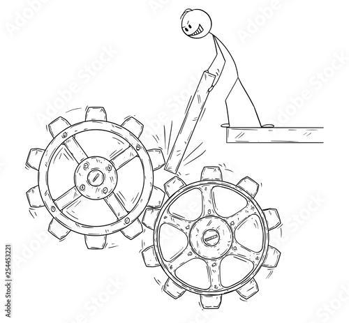 Cartoon stick figure drawing conceptual illustration of man or businessman trying to stop or block machine cogwheels as social or political system revolt metaphor.