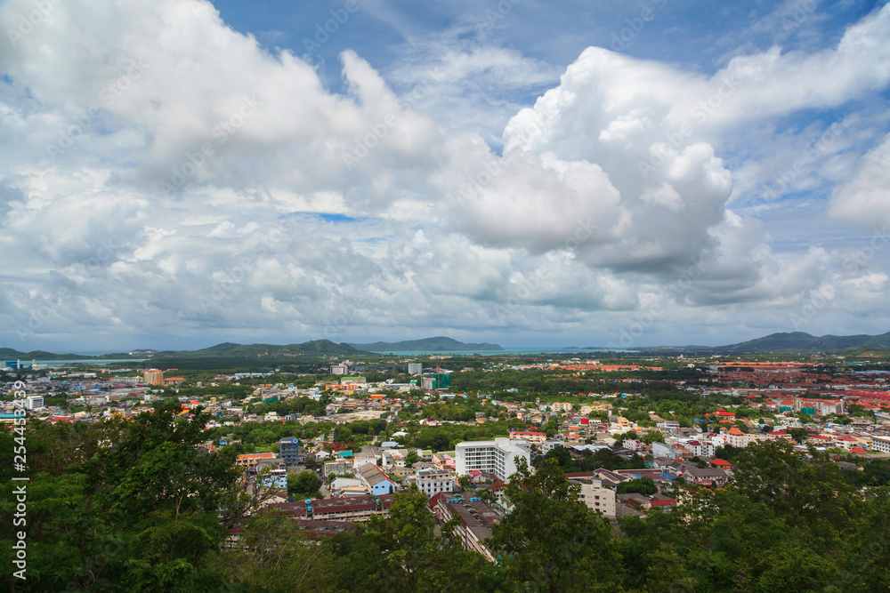 Bird eye view of Phuket cityscape with blue sky background, Thailand