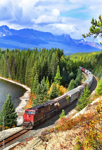 Train passing famous Morant's curve at Bow Valley in autumn ,Banff National Park, Canadian Rockies,Canada.