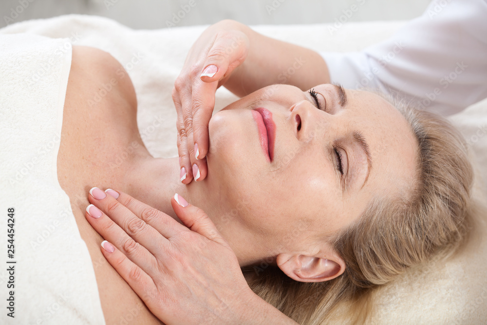 portrait of beautiful woman in spa environment. middle aged woman doing facial massage in a spa salon portrait of beautiful woman in spa environment. middle aged woman doing facial massage in a spa salon