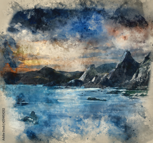 Fototapeta Naklejka Na Ścianę i Meble -  Watercolor painting of Beautiful landscape of mountains and sea at sunset