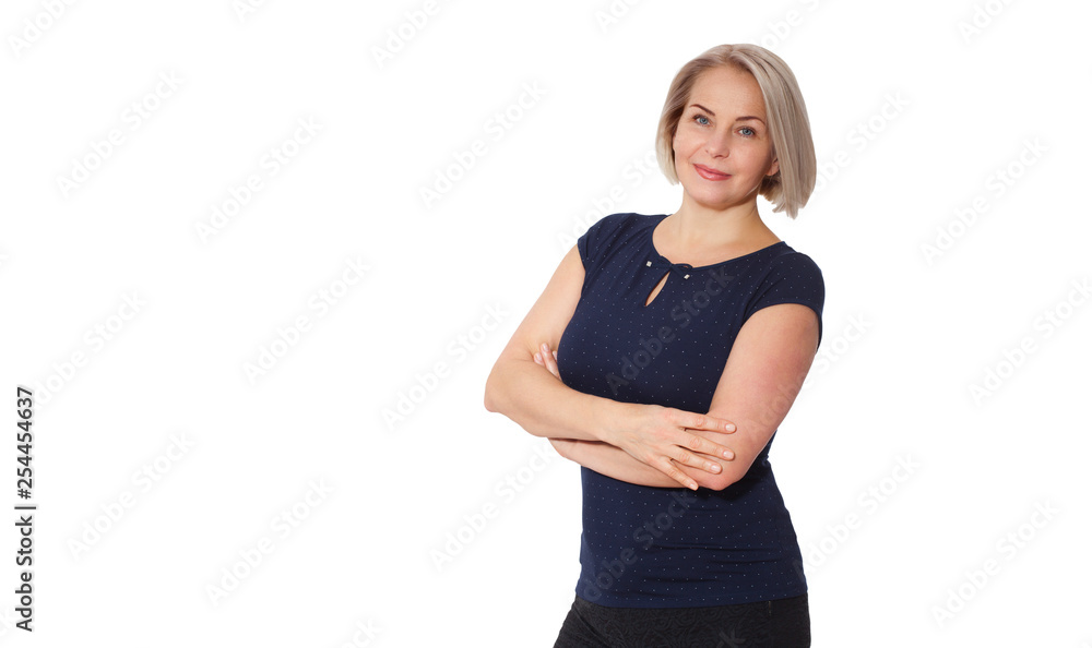 Happy woman emotionally posing in studio. Middle aged woman on white background Happy woman emotionally posing in studio. Middle aged woman on white background