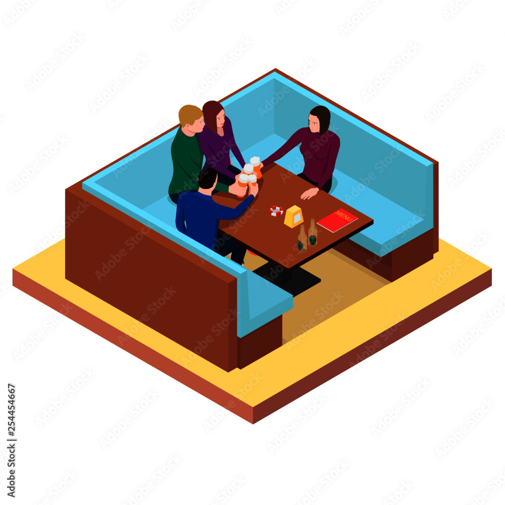 Friends drink beer at a table in a bar. Friends clink glasses with beer in isometric. Friends drink beer at a table in a bar. Friends clink glasses with beer in isometric.