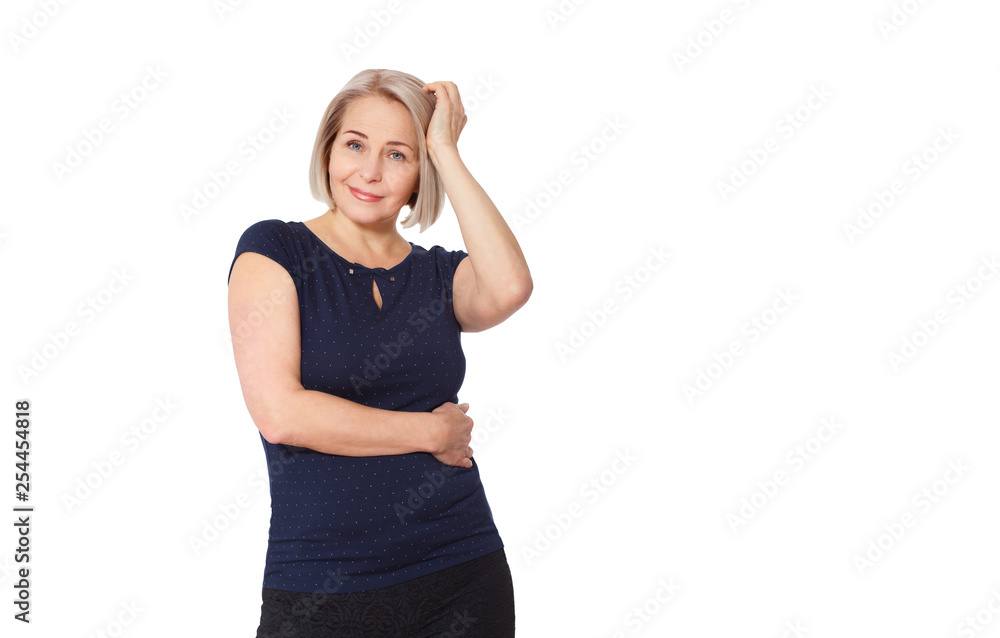 Happy woman emotionally posing in studio. Middle aged woman on white background Happy woman emotionally posing in studio. Middle aged woman on white background