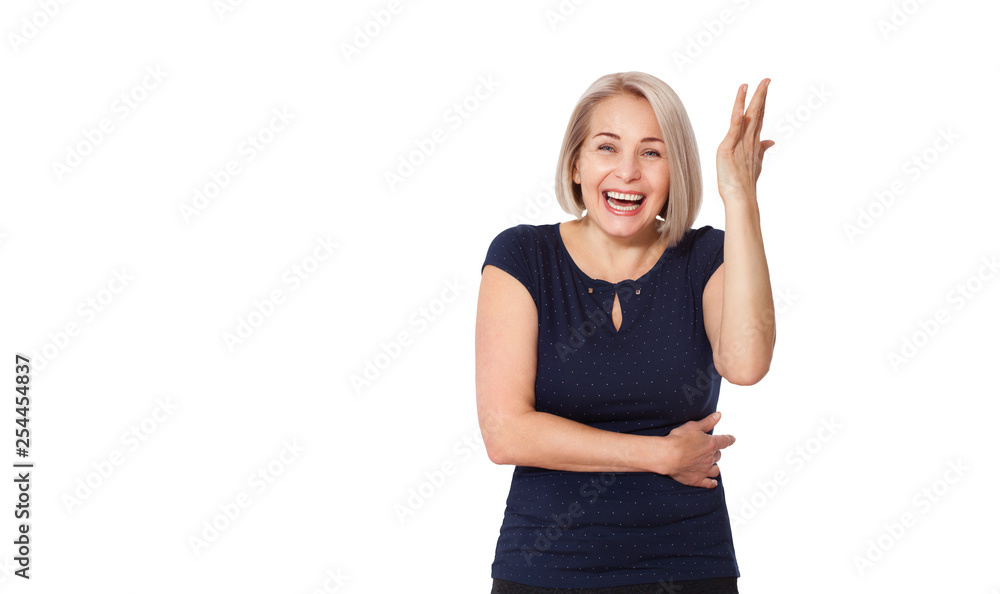Happy woman emotionally posing in studio. Middle aged woman on white background Happy woman emotionally posing in studio. Middle aged woman on white background