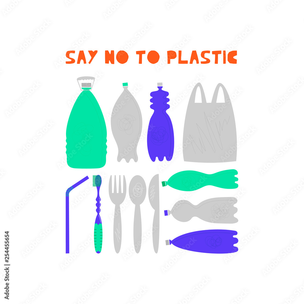 Say no to plastic vector illustrations set Say no to plastic vector illustrations set