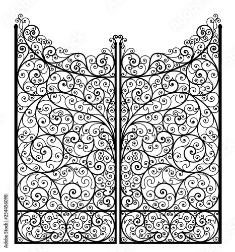 Vector illustration of outline detailed wrought iron gate, isolated on white background. 