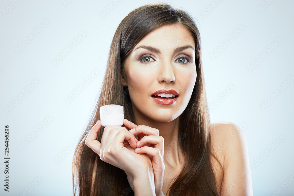 Close up face beauty portrait of young woman with long hair Close up face beauty portrait of young woman with long hair