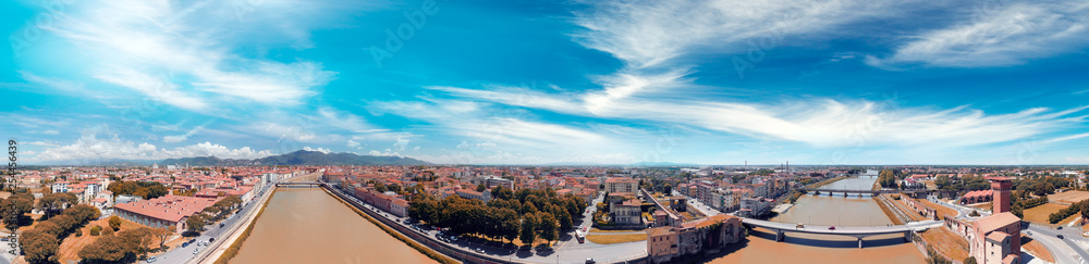 Pisa, Italy. Aerial view of beautiful medieval cityscape and Lungarni from Citadel Tower