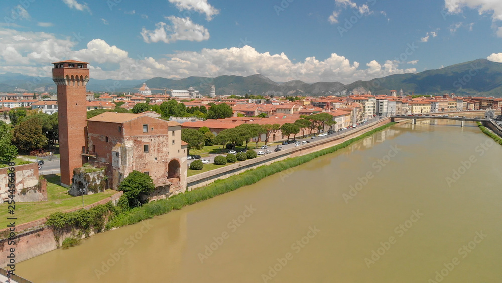 Aerial view of Pisa from the sky. Tuscany cityscape on a sunny day
