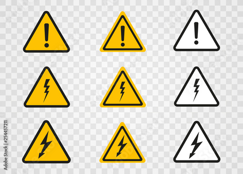 Danger symbol. Triangle on transparent background. Warning sign High voltage, danger. Vector illustration photo
