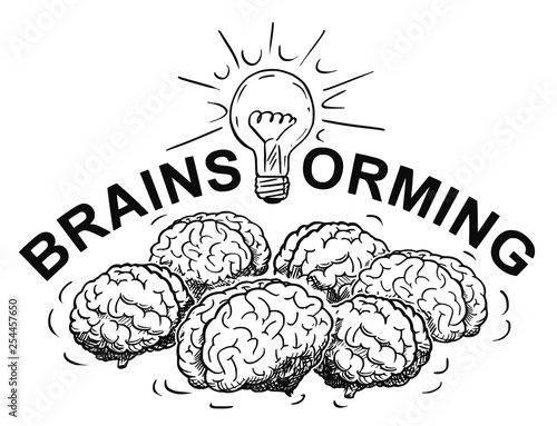 Cartoon drawing and conceptual illustration of brainstorming logotype with group of brains thinking together and light bulb or lightbulb.