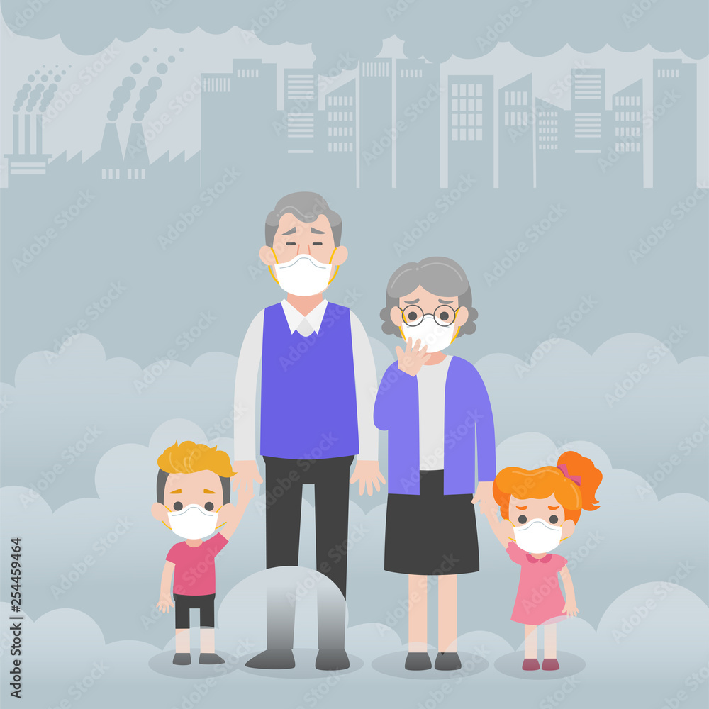 People wearing protective face masks Character Medical Health care concept, factory pipes emitting smoke on background. Fine dust, PM 2.5, air pollution, industrial smog, pollutant gas emission. People wearing protective face masks Character Medical Health care concept, factory pipes emitting smoke on background. Fine dust, PM 2.5, air pollution, industrial smog, pollutant gas emission.