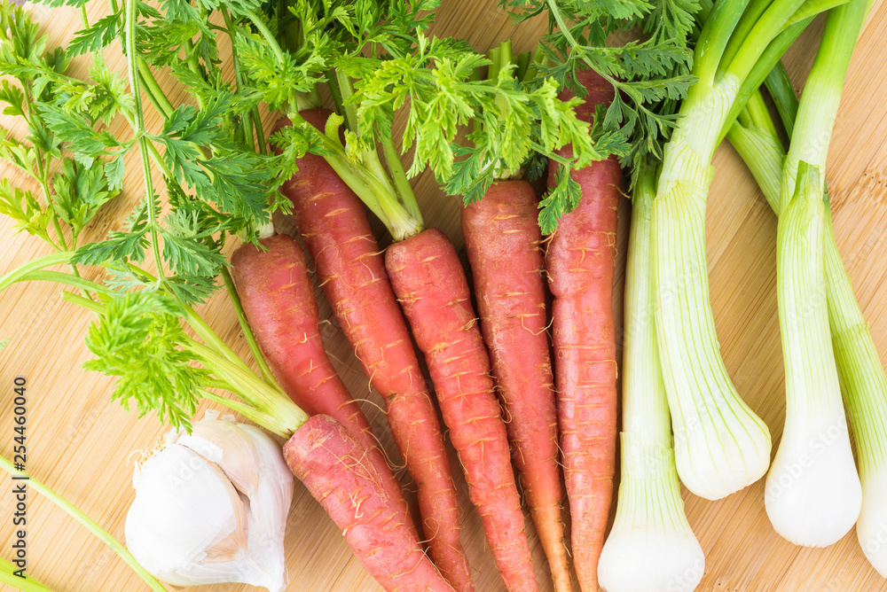 Pink fresh organic carrots, green onion, cilantro. Pink fresh organic carrots, green onion, cilantro.