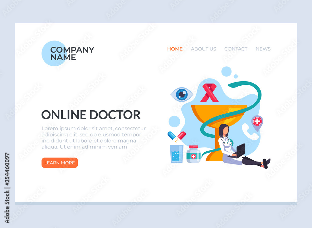 Woman doctor giving consultation online to patient by laptop internet. Online digital modern medicine concept. Vector flat cartoon graphic design banner poster web page illustration Woman doctor giving consultation online to patient by laptop internet. Online digital modern medicine concept. Vector flat cartoon graphic design banner poster web page illustration