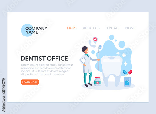 Dentist woman character worker checking patient tooth. Oral hygiene stomatology medicine flat cartoon graphic design banner poster web page concept