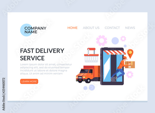 Express fast delivery logistic cargo. Courier man character delivering box parcel to consumer. E-commerce web page banner poster flat cartoon graphic design concept