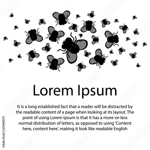 banner with a bunch of black flies, insects on a white background with space for your text, vector illustration