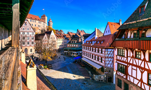 Travel in Germany, Bavaria, old town of medieval Nuremberg with traditional architecture, view from city wall. 