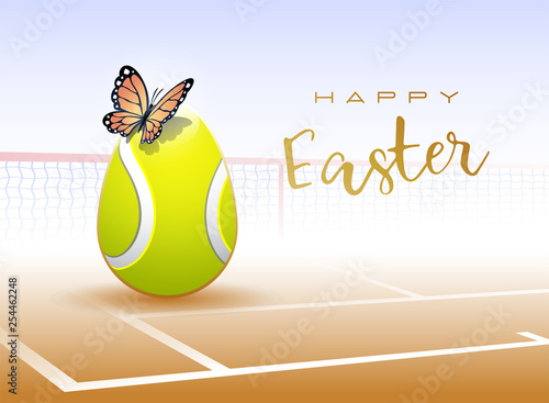 Happy Easter. Easter egg in the form of a tennis ball with Butterfly. Vector illustration.