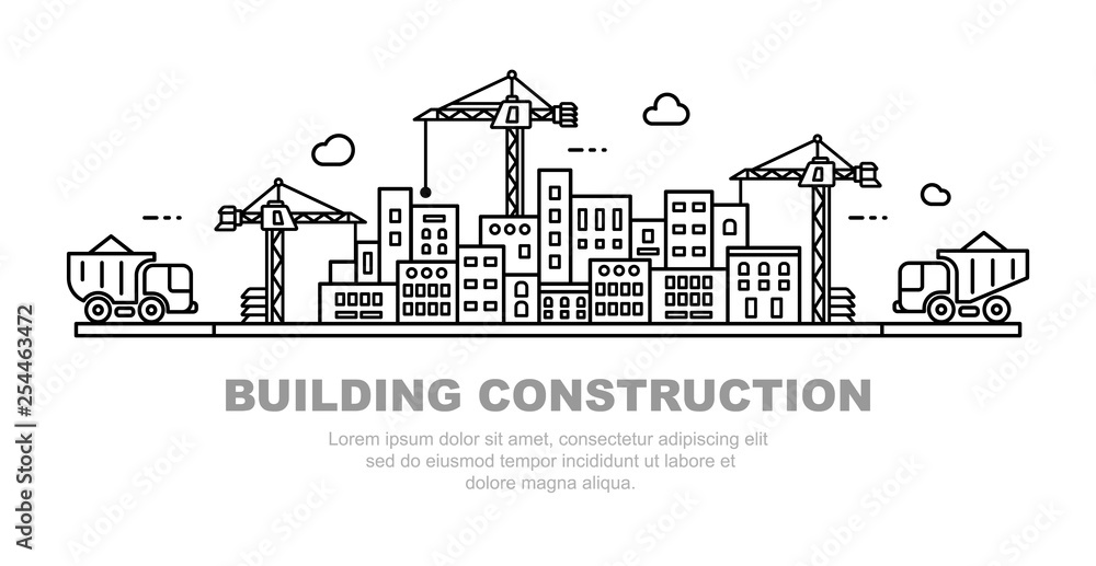 City building concept. Urban horizon with cranes and dump trucks. Line art illustration.